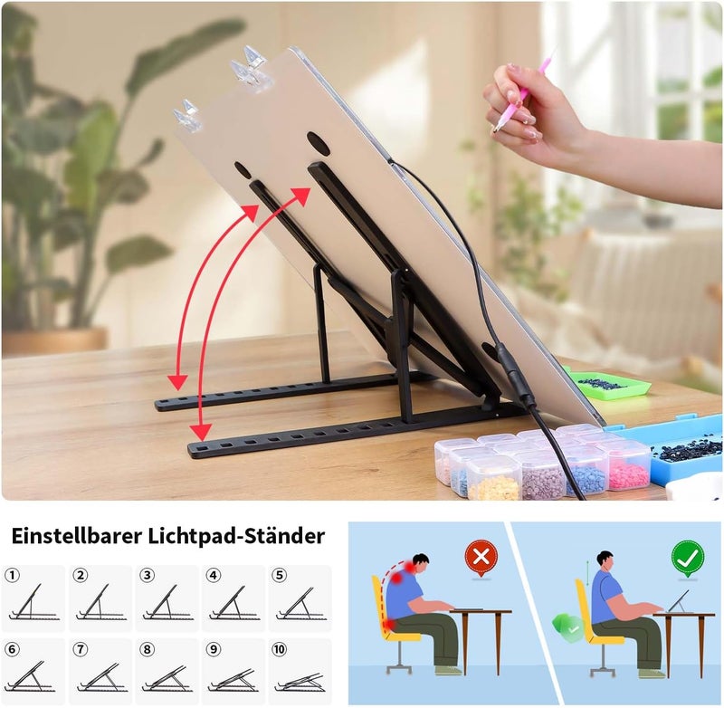Zocelight A3 Light Pad for Diamond Painting Kit,4800Lux Super Bright 5mm Ultra Thin Diamond Art Light Board with Stand and Clip,3 Levels Dimming Light Box for Artists,Drawing,Sketching,Animation - Image 2